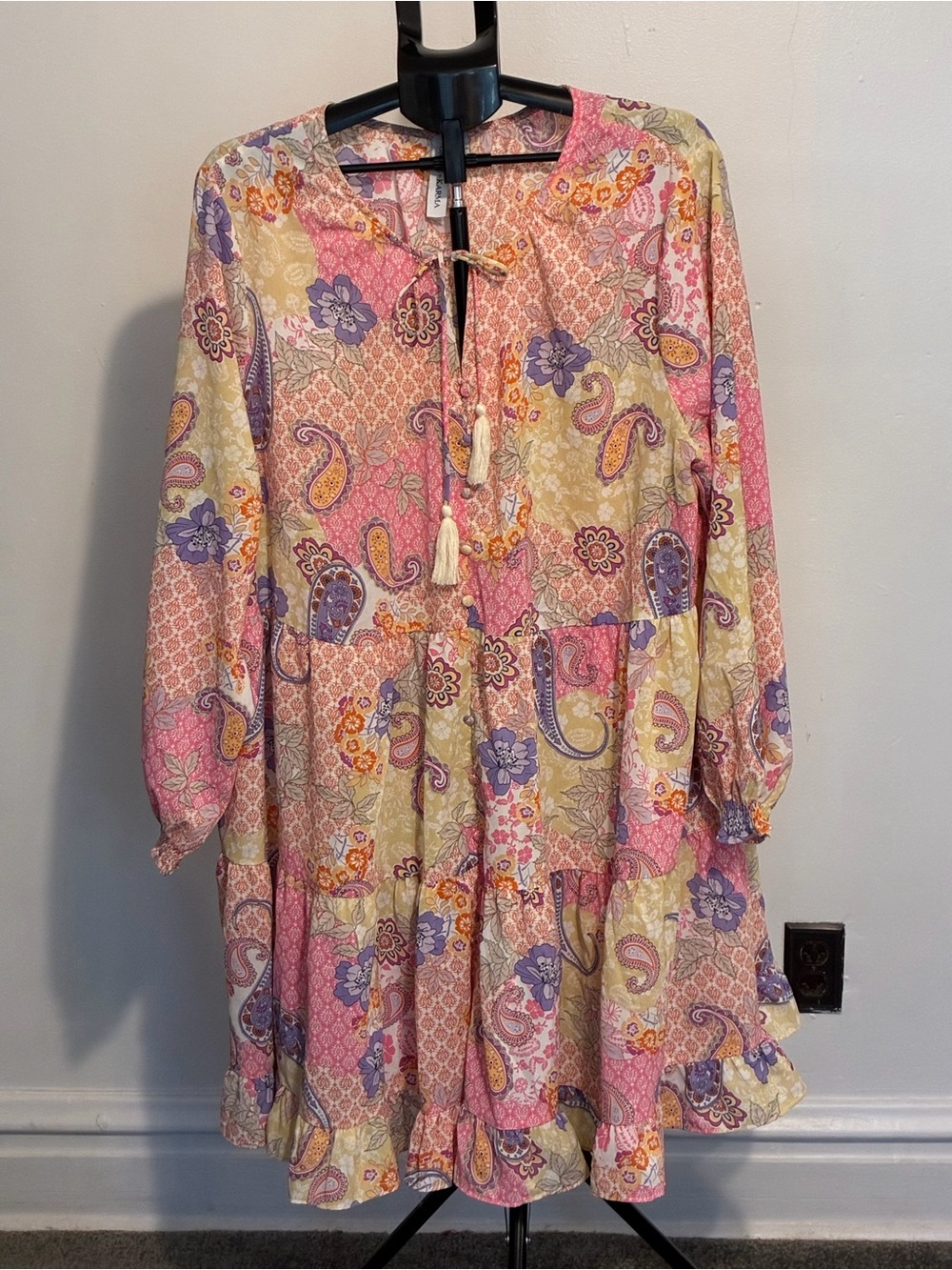 Boho Paisley Tiered Mini Dress in Pink & Lavender